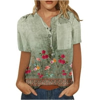 USMIXI Ženski vrhovi Vintage Pamuk posteljina spušta za džepne majice Ljeto Ležerne prilike Cvjetni