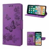 Decaze za iPhone Plus Plus Nosač kartica za nosač s novčanicom, otporni na udarce Chickstand Butterfly cvjetni reljefni reljefni pokrov PU kožni poklopac crni