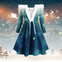 Ediodpoh Ženska božićna tiskana ovratnik dugih rukava čipka s dugim rukavima gore s ramena haljine božićne haljine za žene Sky Blue_ S