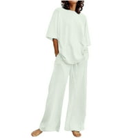 Labava odjeća za ženske posteljine rupu za bluze i elastične struk široke noge Palazzo hlače, bijeli,