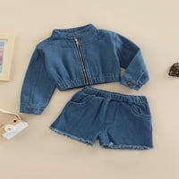 Calsunbaby Baby Girl Denim odjeća za odjeću dugih rukava sa patentnim zatvaračem + elastični struk Burrs