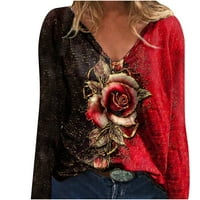 Ženski vrhovi modni cvijet s dugim rukavima V-izrez casual labav bluza hot6sl4869025