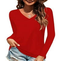 Bomotoo ženske ležerne majice V izrez Osnovni pulover Rad labav dugi rukav Tee ruža crvena l