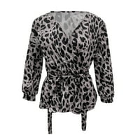 Daznico Womens Leopard Tops dugih rukava V-izrez labavi Ležerne prilike Thirts Grey XXL