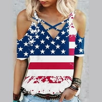 HFYIHGF američka majica za zastavu Women V izrez Košulje 4. jula T-majica zvijezde Stripes Top Criss Cross Cold Rame Mashirt Mashirt