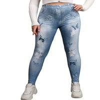 LUMENTO Žene lažne traperice prevelizirani izgled Ispis Jeggings Plus size Ispisano traper pantalone