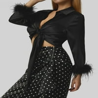 Žene Vintage Satin Dugi rukav za vezanje usjeva Top V izrez Pero Trim košulja Fau Fur manžete Bluza E-Girl Club Streetwear