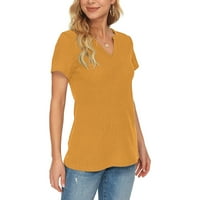 Zhizaihu Žene Ljeto V izrez Knit bluza Čvrsta kratki rukav Ležerne majice Tors Yellow S