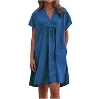 HHEI_K Ženske ljetne haljine Ženska pamučna posteljina haljina Ruckel V rect majica haljina labava s