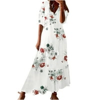 Ženska plus veličina modna ženska casual proljeća i ljeto V-izrez tromjesečni rukav od tiskane haljine bijele boje