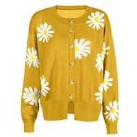 Lilgiuy ženska jesenja zima casual cvjetni ispisani dugim rukavima KARDIGAN Džemper s džemper na vrhu žute, 10 zimske odjeće za