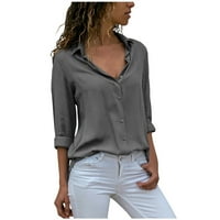 Ženske šifonske majice Trendy jesenski proljetni košulje s dugim rukavima Čvrsti tees rever v Pulover izreza Elegantne casual fit djevojke odjeća Grey XXL