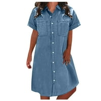 Tkinga moda Žene Ljetna casual košulja haljina kratkih rukava od lapela mini traper haljina sa džepom svijetlo plave 4xl