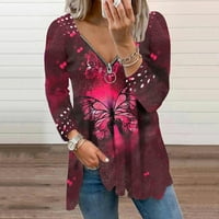 Ženska modna ležerna print Dugih rukava za šivanje V-izreza sa zatvaračem za zip sa sigurnosnim majicama,