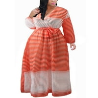 Paille žene čipke čipke Flowy dugi haljina labavi pad maxi haljine prugasta odmorna narandžasta i bijela