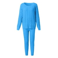Dadaria Outfits za ženske hlače setovi Dressy Solid Boja od ramena kabela s dugim rukavima pletene tople dvije duge hlače džemper odijelo set svijetlo plavi xl, žensko