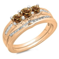 1. Carat 14k Rose Gold Okrugli šampanjac i bijeli dijamantski zaručni prsten za brisanje sa odgovarajućim