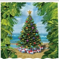 Cvjeta za božićnu tuširanje, novogodišnji koncept na tropskoj pješčanoj plaži prisutne kutije i postrojenja tema, tkanina od tkanine kupatilo set sa kukama, 69 W 75 L, zeleno plavo