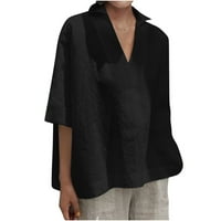 Žene plus veličine rever pola rukava V-izrez pamuk posteljina na vrhu casual labave čvrste majice Black