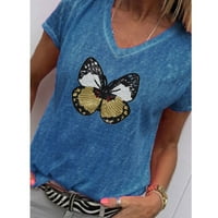 Modne ženske ležerne kratkih rukava V-izrez leptir od majice majica bluza bluza plavi xxxxxl