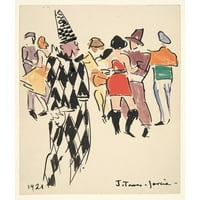Joaquín Torres-García Crni ukrašeni uokvireni dvostruki matted muzej umjetnosti naslovljen: Ball Artists; Harlequin i plesači
