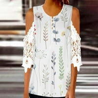 Usmixi Prodaja ženskih vrhova Elegantna čipkasti patchwork hladno rame plus veličina izlaska pulover vrhovi pada trendy cvjetni print Crewneck rukave bluze s rukavima