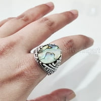 Abalone Shell prsten, prirodna ravna abalonska ljuska, srebrni nakit, srebrni prsten, srebrni prsten, rođendanski poklon, teški muški prsten, arapski dizajn, prsten od osmanskog stila, ring, turska mens ring