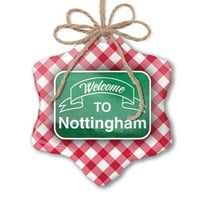 Božićni ukras zeleni znak Dobrodošli u Nottingham Red Plaid Neonblond