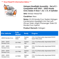 Sklop halogena prednja svjetla - set - kompatibilan sa - Honda Civic Sedan 4-vrata 1.3L 1.7L 4-cilindar