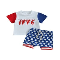 4. jula Toddler Baby Boys Odjeća za tisak kratkih rukava T-majice Stars Hotsors Podesite letnju odjeća za neovisnost