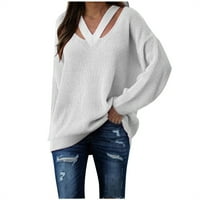 Ženski pleteni pulover džemper vrhovi GOTH džemper V-izrez dugi rukav jesen džemper bluza pulover bijele s