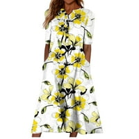 Ženske oblače srednje dužine kratkih rukava Maxi tiskana ljetna haljina s V-izrezom žuta l