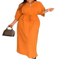 Glookwis ženska haljina s dugim rukavima up up up maxi haljine kaftane casual v vrat obična haljina narančasta crvena s