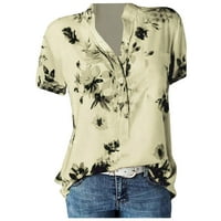 Ženski ljetni vrhovi cvjetni pamučni posteljina vrhova bluze kratki rukav udoban Henley slobodno fit
