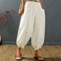 Posteljine široke pantalone za žene za žene ljetne casual elastične struke hlače labave baggy pamučne udobne pantalone sa džepovima