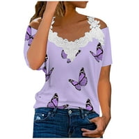 pbnbp ženska estetska leptir čipkasti patchwork V izrez hladnog ramena kratkih rukava majice, majice