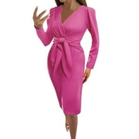 Ženska duboka V-izrez Čvrsta mini bačva haljina presavijena dugih rukava čipka za dugih rukava Slim