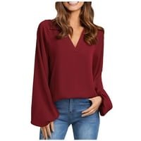 Dugme za carinjenje dolje majice za žene s dugim rukavima Ljetni casual V izrez čvrsta boja bluza Labavi
