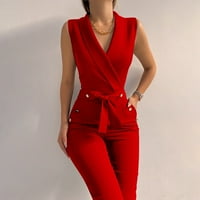 Prirodna ženska modna solidna boja t Wist dugme V-izrez bez rukava slim fit poslovni kombinezon crveni