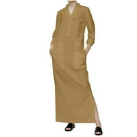 Ženske haljine Modni casual V-izrez Solid Ljeto dugme dugih rukava dugačka haljina zimska khaki xxl