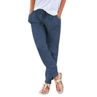 Žene Ljetne duge hlače Čvrsto boje tanke noge dugim strukom hlače joggers hlače sa džepovima tamno plavi