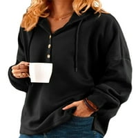 Rejlun ženske dukseve s kapuljačom s kapuljačom V izrez pulover slobodno vrijeme labavi fit posao crni