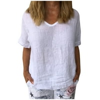 DTIDTPE Bluze za žene, ženske ležerne pamučne i posteljine O-izrez Čvrsti kratkih rukava majica bluza na vrhu ženskih vrhova bijela