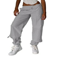 Beiwei Ženske pantalone Solidne boje Teretne hlače Ravna noga padobranska pant labava dna dame na srednjem struku Lagano sivo 3xl
