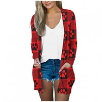 Zunfeo ženska kasutna jakna - sa džepovima s dugim rukavima tiskani vintage otvoreni front v vrat t vrpce crvene 4