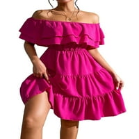 Ženska Boho Plašina s ramena Line s kratkim rukavima vruće ružičaste haljine s