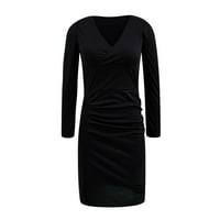 Crna pamučna haljina Ženska haljina Modna haljina suknja Čvrsta boja s dugim rukavima V izrez pletena