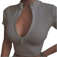 Seyurigaoka ženski vitki top kratki rukav V izrez Zip prednje pletena majica