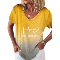 Ženski vrhovi Dressy Casual Gradijent Print Modni kratki rukav V-izrez Pismo Ispis Pulover Majica Yellow