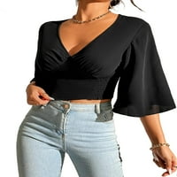 Ženske vrhove, bluze i tee usjev non-raste obični casual ravnica Top duboki V izrez crni ženske bluze